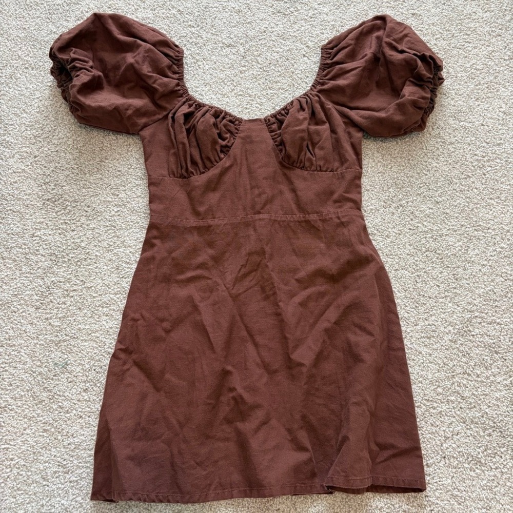 Peppermayo Mini Dress Womens 4 Brown Puff Sleeve Peasant Coquette Linen Milkmaid